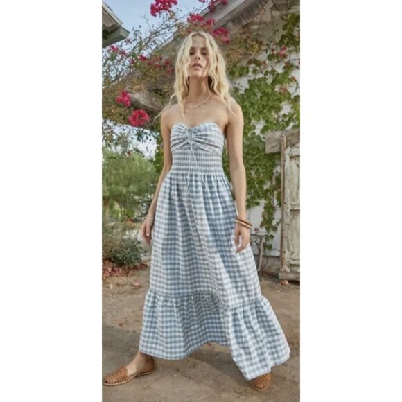 HUNTER BELL Dresses & Skirts - HUNTER BELL Lindley Pale Green Gingham Checked Smocked Tiered Maxi Dress Sz L